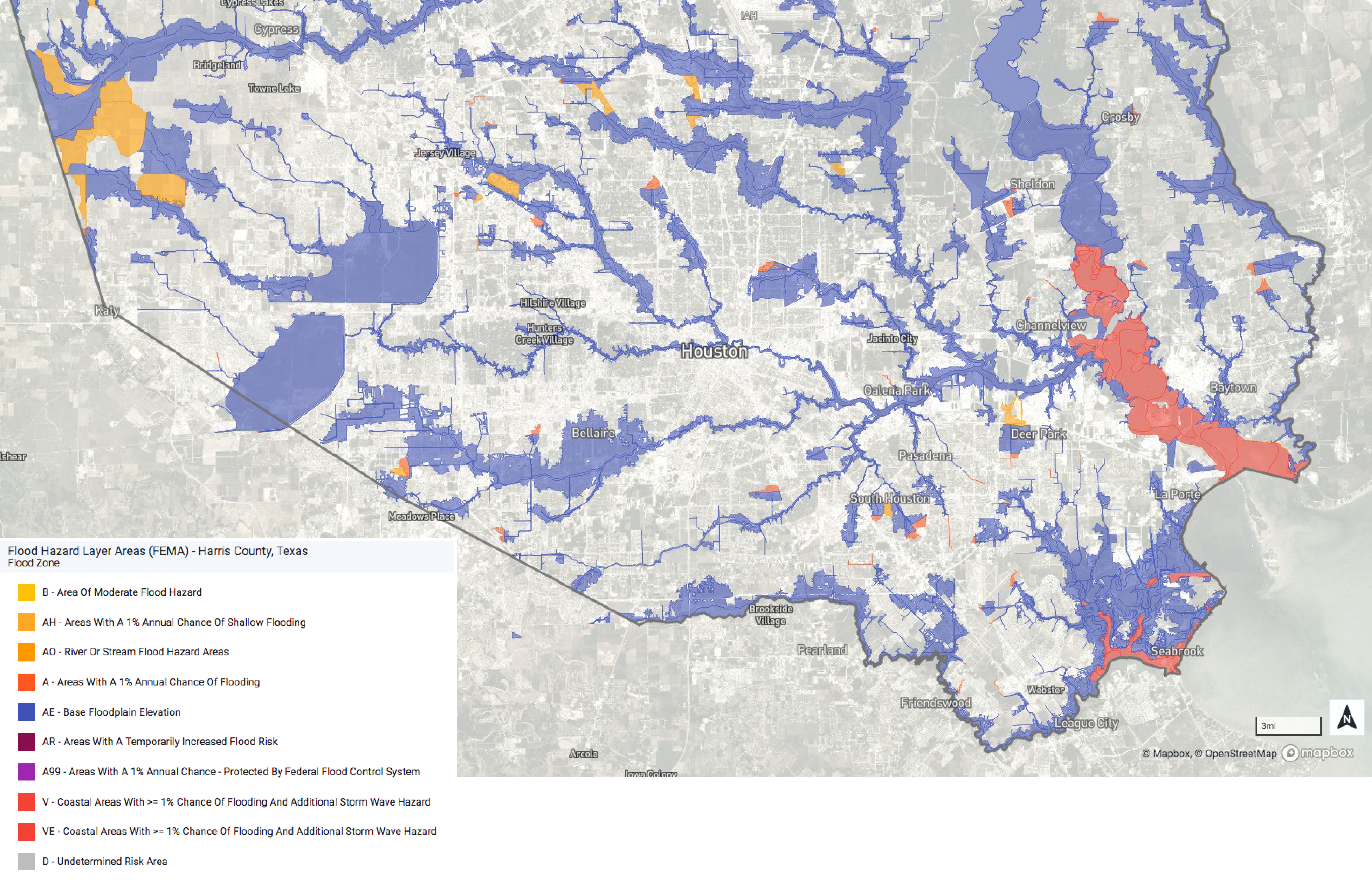 Special Flood Hazard Area (SFHA) zones in Harris County, TX (Houston area)