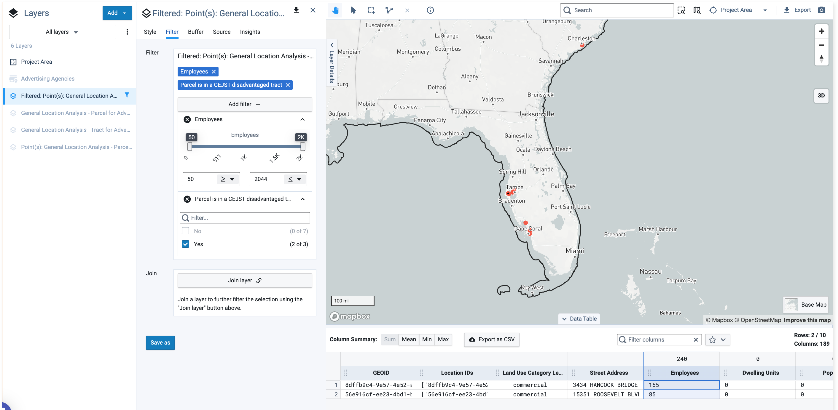 CEJST Disadvantaged Tract and Employee Filters