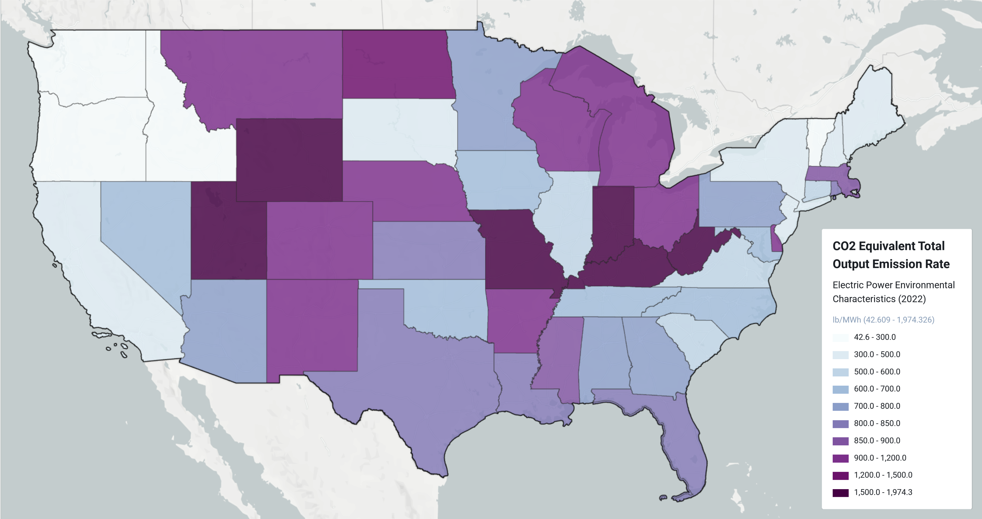 Map of eGRID 2022 Carbon Dioxide Equivalent (CO2e) Emissions Rates by State