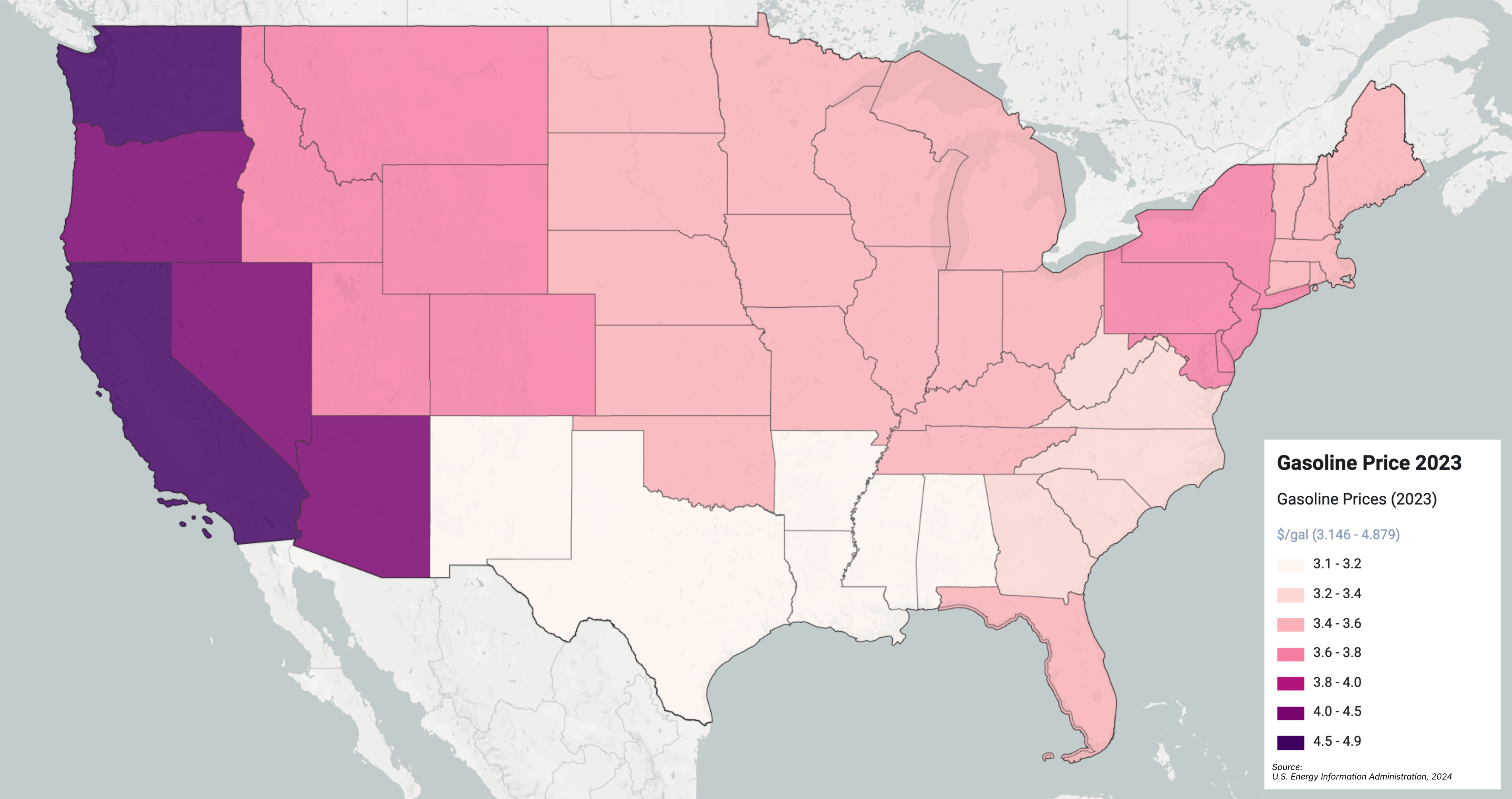 EIA Average Gasoline Prices by PADD and State, 2023